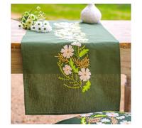 VERVACO Stickpackung Tischläufer Sticken Set Erwachsene Vorgedruckt WEISS BLUMIG Stickläufer zum Selbersticken Vorgezeichnet Decke Sticken Stickpackung Plattstich ca. 35 x 95 cm Kreatives Geschenk