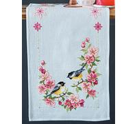 Vervaco Stickpackung Tischläufer Zählmusterpackung Kreuzstich 2 Kohlmeisen in Blumen Stickläufer zum Selbersticken Stickset Weihnachten Kreativ Set für Erwachsene 32 x 84 cm Kreatives Geschenk