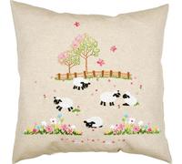 VERVACO Stickpackung Vorgedruckt Kissen Stickerei Set Anfänger SCHAFE AUF DER WIESE Stickset Kissenbezug Mit Reissverschluss Dekoratives Kissen 40 x 40 cm DIY Deco Bastelset Haus Dekoration