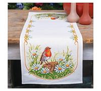 Vervaco Tischläufer Kreuzstich-Set Gänseblümchen und Robin – Zählmuster – Multifarbig