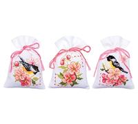 Vervaco Zählmusterpackung Stickset Säckchen 2 Kohlmeisen in Blumen 3er DIY Gezählter Kreuzstich Stickpackungen Basteln Erwachsene Kreativ Set 8 x 12 cm Stickset für Anfänger Stoffbeutel zum Sticken