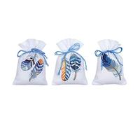 Vervaco Zählmusterpackung Stickset Säckchen Blaue Federn 3er DIY Gezählter Kreuzstich Stickpackungen Basteln Erwachsene Kreativ Set 8 x 12 cm Stickset für Anfänger Stoffbeutel zum Sticken