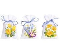 VERVACO Zählmusterpackung Stickset Säckchen Frühlingsblumen 3er DIY Gezählter Kreuzstich Stickpackungen Basteln Erwachsene Kreativ Set 8 x 12 cm Stickset für Anfänger Stoffbeutel zum Sticken