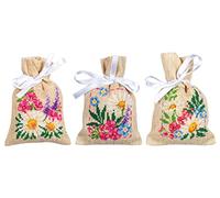 Vervaco Zählmusterpackung Stickset Säckchen Frühlingsblumen 3er DIY Gezählter Kreuzstich Stickpackungen Basteln Erwachsene Kreativ Set 8 x 12 cm Stickset für Anfänger Stoffbeutel zum Sticken