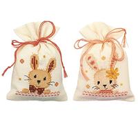 Vervaco Zählmusterpackung Stickset Säckchen Liebe Kaninchen 2er DIY Gezählter Kreuzstich Stickpackungen Basteln Erwachsene Kreativ Set 8 x 12 cm Stickset für Anfänger Stoffbeutel zum Sticken