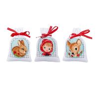 Vervaco Zählmusterpackung Stickset Säckchen Märchen 3er DIY Gezählter Kreuzstich Stickpackungen Basteln Erwachsene Kreativ Set 8 x 12 cm Stickset für Anfänger Stoffbeutel zum Sticken