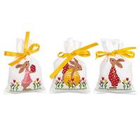 Vervaco Zählmusterpackung Stickset Säckchen Osterhasen im Garten 3er DIY Ostern Gezählter Kreuzstich Stickpackungen Erwachsene Kreativ Set 8 x 12 cm Stickset für Anfänger Stoffbeutel zum Sticken