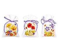 Vervaco Zählmusterpackung Stickset Säckchen Sommerblumen 3er DIY Gezählter Kreuzstich Stickpackungen Basteln Erwachsene Kreativ Set ca. 8 x 12 cm Stickset für Anfänger Stoffbeutel zum Sticken