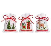 Vervaco Zählmusterpackung Stickset Säckchen Weihnachtsmotive 3er DIY Gezählter Kreuzstich Stickpackungen Basteln Erwachsene Kreativ Set 8 x 12 cm Stickset für Anfänger Stoffbeutel zum Sticken