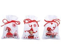 Vervaco Zählmusterpackung Stickset Säckchen Wichtel 3er DIY Gezählter Kreuzstich Stickpackungen Basteln Erwachsene Kreativ Set 8 x 12 cm Stickset für Anfänger Stoffbeutel zum Sticken