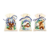 Vervaco Zählmusterpackung Stickset Säckchen Winterzeit 3er DIY Gezählter Kreuzstich Stickpackungen Basteln Erwachsene Kreativ Set 8 x 12 cm Stickset für Anfänger Stoffbeutel zum Sticken