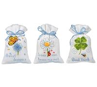 Vervaco Zählmusterpackung Stickset Säckchen Wünsche 3er DIY Gezählter Kreuzstich Stickpackungen Basteln Erwachsene Kreativ Set ca. 8 x 12 cm Stickset für Anfänger Stoffbeutel zum Sticken