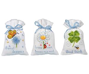 Vervaco Zählmusterpackung Stickset Säckchen Wünsche 3er DIY Gezählter Kreuzstich Stickpackungen Basteln Erwachsene Kreativ Set ca. 8 x 12 cm Stickset für Anfänger Stoffbeutel zum Sticken