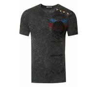 Verwaschenes Rundhals T-Shirt mit Knopfleiste und Prints L