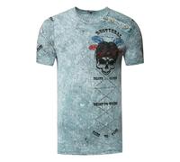Verwaschenes Rundhals T-Shirt mit Knopfleiste und Prints L