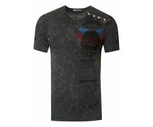 Verwaschenes Rundhals T-Shirt mit Knopfleiste und Prints S