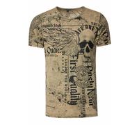 Herren T-Shirt Verwaschen mit Plakativem Print 'Flying-Skull' Stretch-Shirt Streetwear-Finest mit Seitlicher-Knopfleiste 296, Farbe:Khaki, Größe S-3XL:XXL