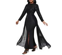 VERWIN Damen Bodycon Pailletten Kleid Mesh Chiffon Schulter Maxikleid Seitenschlitz Patchwork Overlay Kleid, Schwarz , L