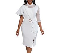 VERWIN Damen Mesh Patchwork Bodycon Midikleid mit Perlen Langarm Rüschen für Abschlussball und Party, weiß, M