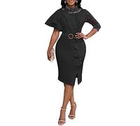 VERWIN Damen Mesh Patchwork Bodycon Midikleid mit Perlen Langarm Rüschen für Abschlussball und Party, Schwarz , XXL