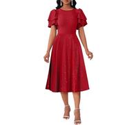 VERWIN Damen-Midikleid mit Rüschen, kurzärmelig, glitzernd, Rundhalsausschnitt, plissiert, für Skater, Freizeit, Party, Cocktail, Abend, Rot/Ausflug, einfarbig (Getaway Solids), X-Groß