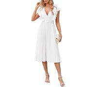 VERWIN Damen-Midikleid mit Rüschenärmeln, plissiert, einfarbig, mit Gürtel, V-Ausschnitt, lässig, Party, Cocktail, Abendkleid, Weiss/opulenter Garten, X-Groß