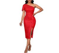 VERWIN Damen One-Shoulder-Pailletten-Kleid, kurzärmelig, Rüschen, figurbetontes Kleid, glitzernd, geteilt, lässig, Party, Cocktail, Midikleid, Rot/Ausflug, einfarbig (Getaway Solids), X-Groß