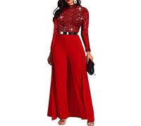 VERWIN Damen-Overall, Patchwork-Overlay, Pailletten, verziert, hohe Taille, Langarm, Rot, XX-Large