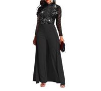 VERWIN Damen-Overall, Patchwork-Overlay, Pailletten, verziert, hohe Taille, langarm, Schwarz, Medium