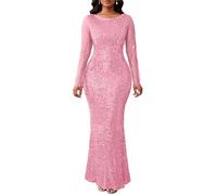 VERWIN Damen Pailletten Bodycon Rundhals Langarm Sparkly Meerjungfrau Maxikleid für Casual Party Cocktail, Pink, Groß