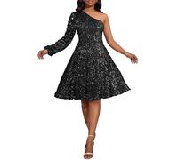 VERWIN Damen Pailletten Kleid One Shoulder Langarm Skaterkleid Ärmellos Midikleid Sparkly Casual Party Cocktailkleid, Schwarz , XL