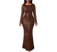 Verwin Damen Paillettenkleid Bodycon-Kleid Rundhals Langarm Funkelndes Meerjungfrauen-Maxikleid Lässiges Party-Cocktailkleid, braun, XL