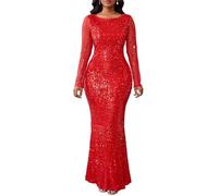 Verwin Damen Paillettenkleid Bodycon-Kleid Rundhals Langarm Funkelndes Meerjungfrauen-Maxikleid Lässiges Party-Cocktailkleid, rot, L