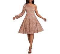 VERWIN Damen-Skaterkleid mit Pailletten, eine Schulter, langärmelig, ärmellos, Midi, glitzernd, lässig, Party, Cocktail, CAMEL, Mittel