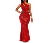 VERWIN Pailletten-Mode ärmelloses Maxikleid mit schrägem Kragen Meerjungfrauenkleid figurbetontes Damenkleid Partykleid, rot, XL
