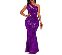 VERWIN Pailletten-Mode ärmelloses Maxikleid mit schrägem Kragen Meerjungfrauenkleid figurbetontes Damenkleid Partykleid, violett, XL