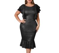 VERWIN Paillettenkleid in Übergröße, Rüschenärmel, Midi-Kleid, figurbetont, Meerjungfrauensaum, glitzernd, Rundhalsausschnitt, lässig, Party, Cocktail, Abendkleid, Schwarz , 5XL Große Größen