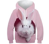 VesFy Rosa Hase Pullover Jumper 3D Druck Tier Hoody Sweatshirt Hoodie Drawstring Streetwear Mit Tasche Eignung Jungen Und Mädchen Casual Langarm Unisex 12-14Y