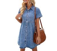 Vetinee Jeans Kleid Hemdblusenkleid Damen Riff Blau 2XL