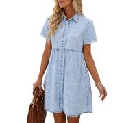 Vetinee Jeanskleid Damen Knielang Hemdblusenkleid Roadknight Blau Größe L passt für EU 42-44