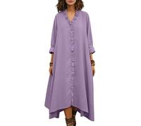 VEVESMUNDO Damen Baumwolle Blusenkleid Sommerkleid Rüschen Maxikleid Langarm Casual Einfarbig V-Ausschnitt Locker Tunika Kleid Shirtkleid Große Größen (Hell Lila,XL)