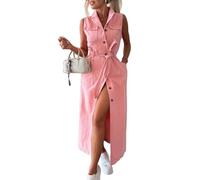 VEVESMUNDO Damen Denim ärmellose Jeanskleid Sommerkleid Hemdkleid Sommer Kleid Weich Denimkleid Hemdblusenkleid mit Knopfleiste Gr.36 38 40 42 (Rosa,L)