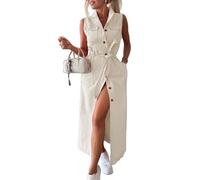 VEVESMUNDO Damen Denim ärmellose Jeanskleid Sommerkleid Hemdkleid Sommer Kleid Weich Denimkleid Hemdblusenkleid mit Knopfleiste Gr.36 38 40 42 (Beige,XL)