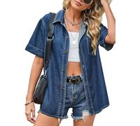 VEVESMUNDO Damen Kurzarm Jeanshemd Jeansbluse Sommer Denim Bluse Hemdbluse Blusenshirt mit Knopfleiste Gr.38 40 42 44 46 (Dunkelblau,XL)