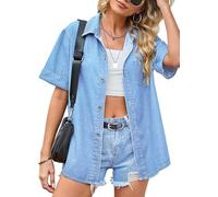 VEVESMUNDO Damen Kurzarm Jeanshemd Jeansbluse Sommer Denim Bluse Hemdbluse Blusenshirt mit Knopfleiste Gr.38 40 42 44 46 (Hellblau,L)