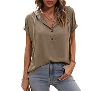 VEVESMUNDO Damen Sommer Hoodie Blusenshirt Kapuzenshirt V Ausschnitt Kurzarm T Shirt Oberteile Sweatshirt mit Kapuze 36 38 40 42 44 (Braun, S)