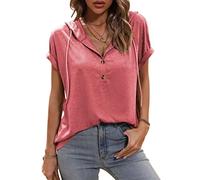 VEVESMUNDO Damen Sommer Hoodie Blusenshirt Kapuzenshirt V Ausschnitt Kurzarm T Shirt Oberteile Sweatshirt mit Kapuze 36 38 40 42 44 (Rosa, XL)