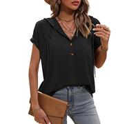 VEVESMUNDO Damen Sommer Hoodie Blusenshirt Kapuzenshirt V Ausschnitt Kurzarm T Shirt Oberteile Sweatshirt mit Kapuze 36 38 40 42 44 (Schwarz, M)