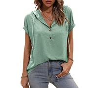 VEVESMUNDO Damen Sommer Hoodie Blusenshirt Kapuzenshirt V Ausschnitt Kurzarm T Shirt Oberteile Sweatshirt mit Kapuze 36 38 40 42 44 (Hellgrün, S)