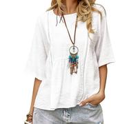 VEVESMUNDO Damen Sommer Leinenbluse Leinen Shirt Kurzarm Baumwolle Tunika Bluse Sommerbluse T-Shirt Blusenshirt Gr.36 38 40 42 44 (Weiß,M)